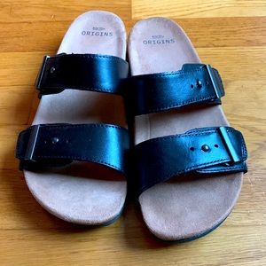 New EARTH Origins black Orra sandals cork suede leather